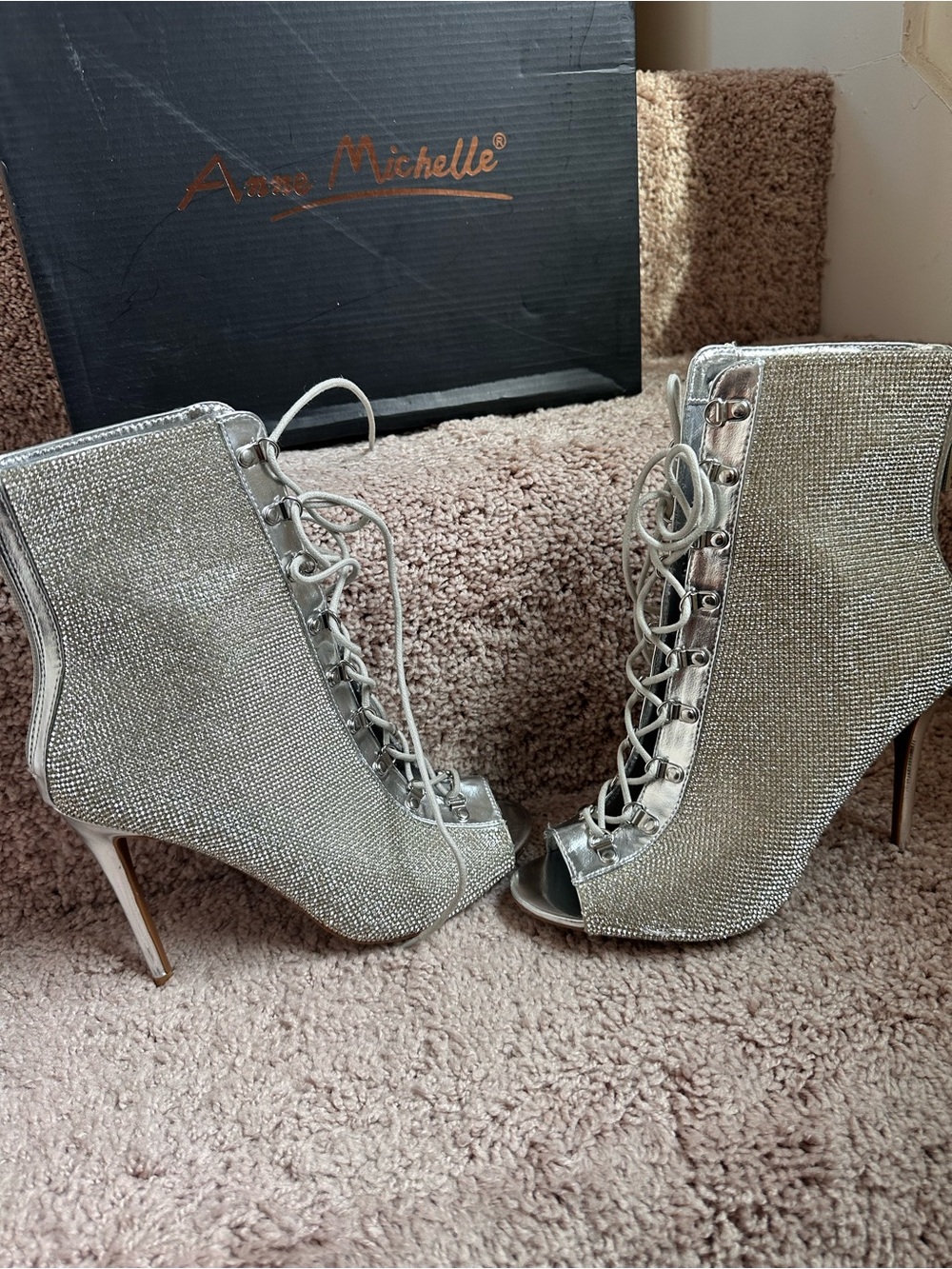 Anne Michelle Silver Lace-Up Open-Toe Stiletto Booties